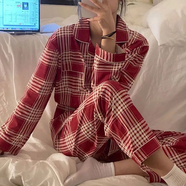 Conjuntos de Pijamas de Navidad a cuadros para mujer, ropa de dormir coreana, Pijamas de otoño, ropa bonita, Pijamas, conjuntos de pantalones de 2 piezas, ropa de descanso, traje de Pj
