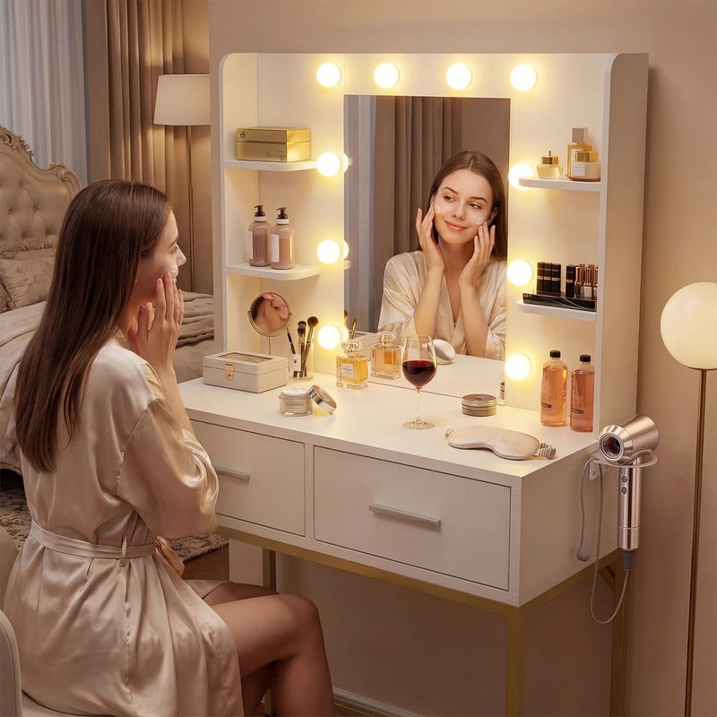 Treevan White & Gold Makeup Vanity Desk with Hollywood LED Mirror, Charging Station, 3 Color Dimmable Lights for Bedroom