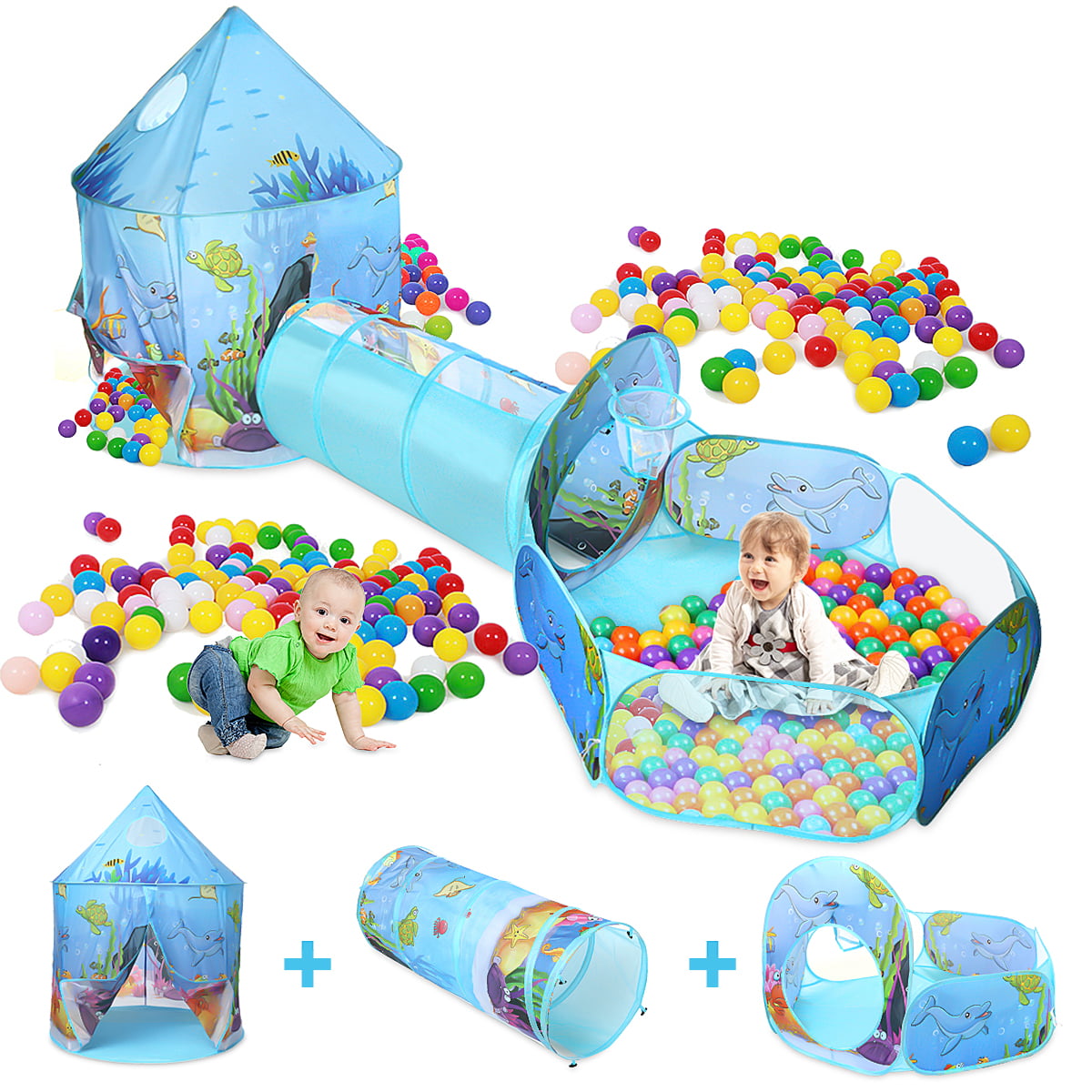 3 in 1 Portable Kids Play Tent Crawl Tunnel Ball Pit Tent Set Indoor Outdoor 