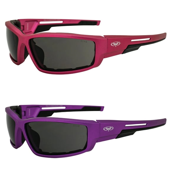 Global Vision Sly Padded Motorcycle Glasses for Women Sunglasses 2 Pair Pink & Purple Metallic Frames w/Smoke Lenses