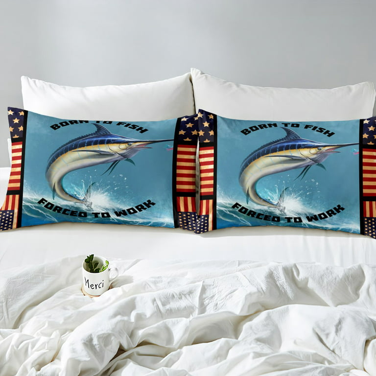 YST Blue Marlin Bedding Set Queen Fishing Swordfish Comforter