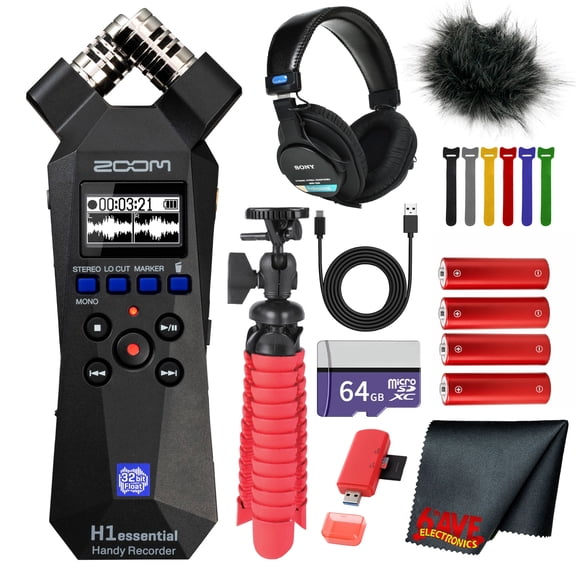 Zoom H1essential 2-Track 32-Bit Float Portable Audio Recorder Bundle with Windscreen for H1E Flexible Tripod Professional Stereo Headphones 64GB Memory Card 4xAA Battery with Charger More