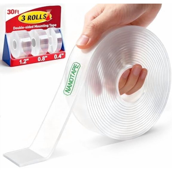 3 Rolls Double Sided Tape , Extra  Nano Tape Double Sided  Strips, Clear Mounting Tape Removable Two Sided  Tape for Walls, Posters, Rug, Picture  (Total 30 FT)