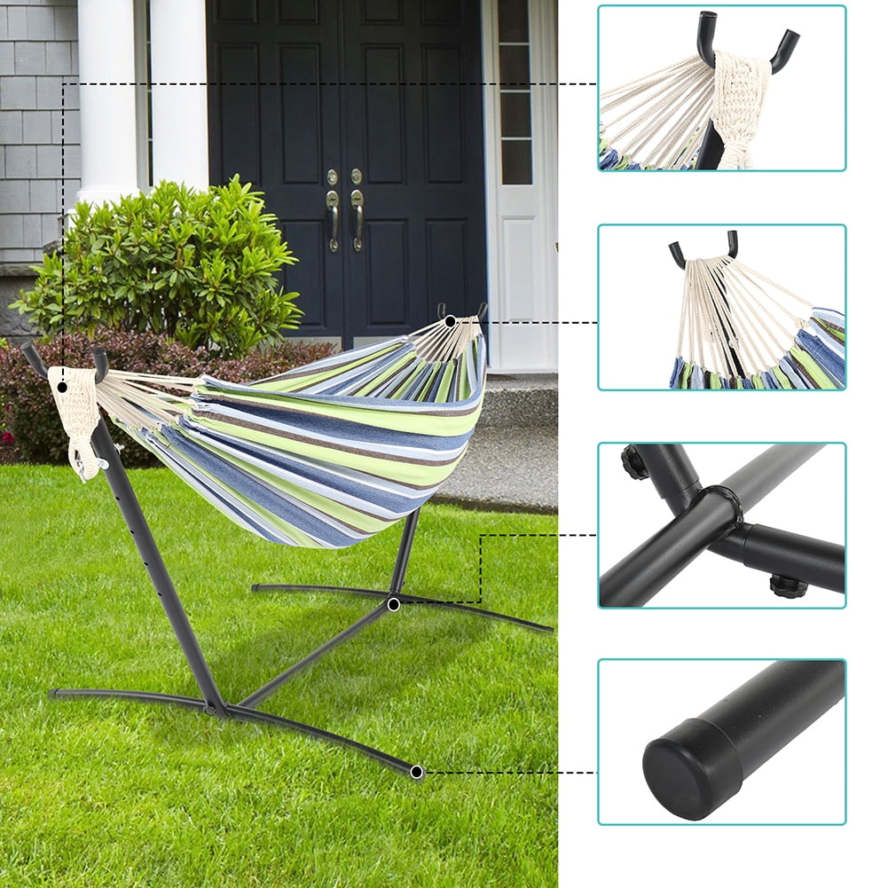 Lowestbest 9ft Steel Pipe Hammock Frame with Cotton Hammock, Natural Rope Iron Hammock Set For Garden, Outdoor, Green Lowestbest 9ft Steel Pipe Hammock Frame with Cotton Hammock, Natural Rope Iron Hammock Set For Garden, Outdoor, Green