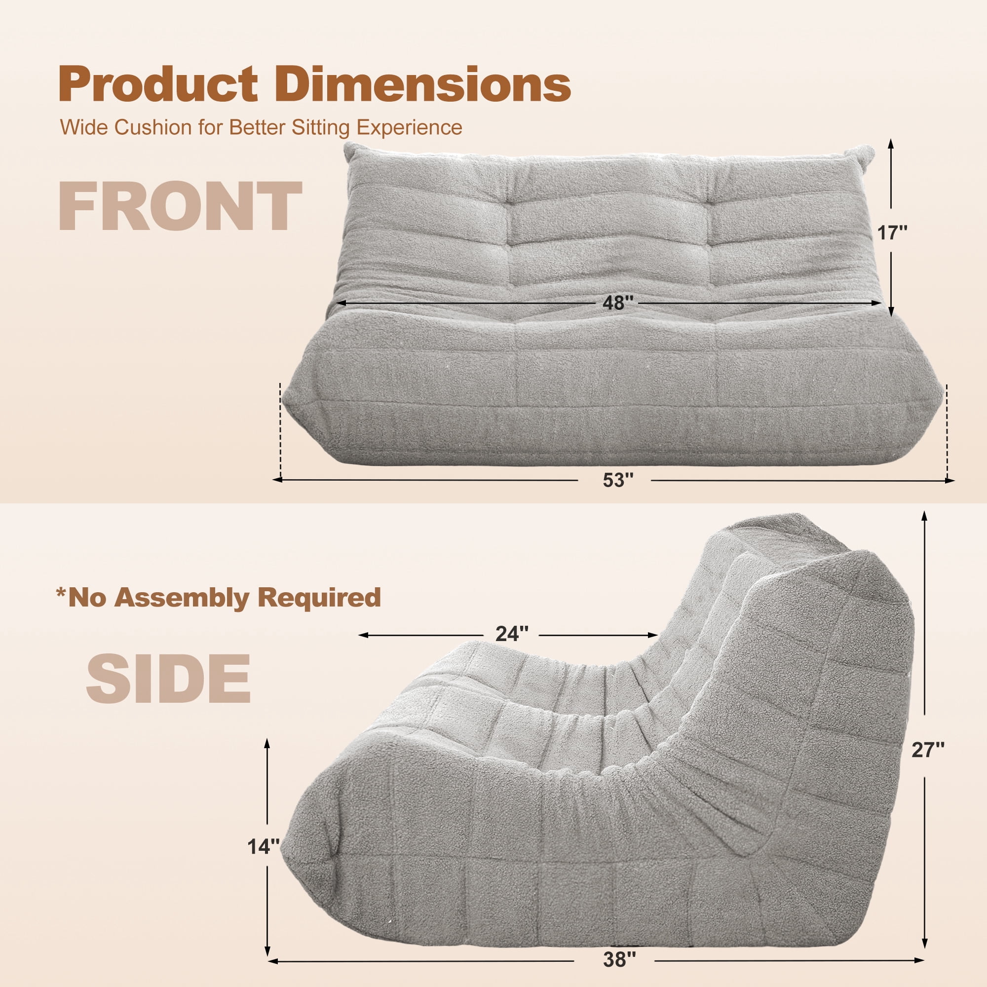 HARIPUL Bean Bag Loveseat Chair, Memory Foam Filled Teddy Fabric Sofa for Adults, Fireside Lounge Chair for Home, Apartment or Gaming Room, LightGrey