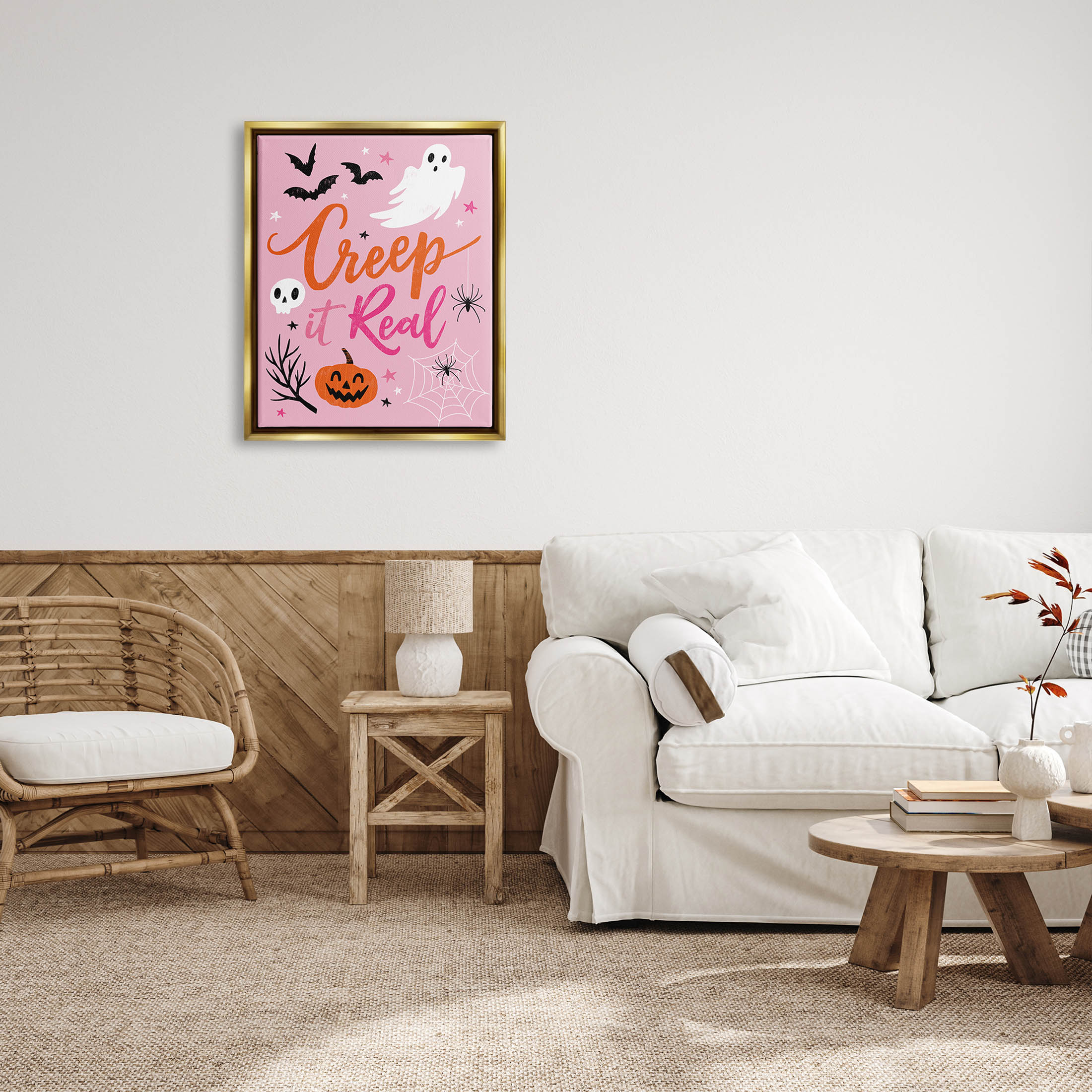 Creep It Real Pink Halloween Phrase Holiday Graphic Art Metallic Gold Framed Art Print Wall Art