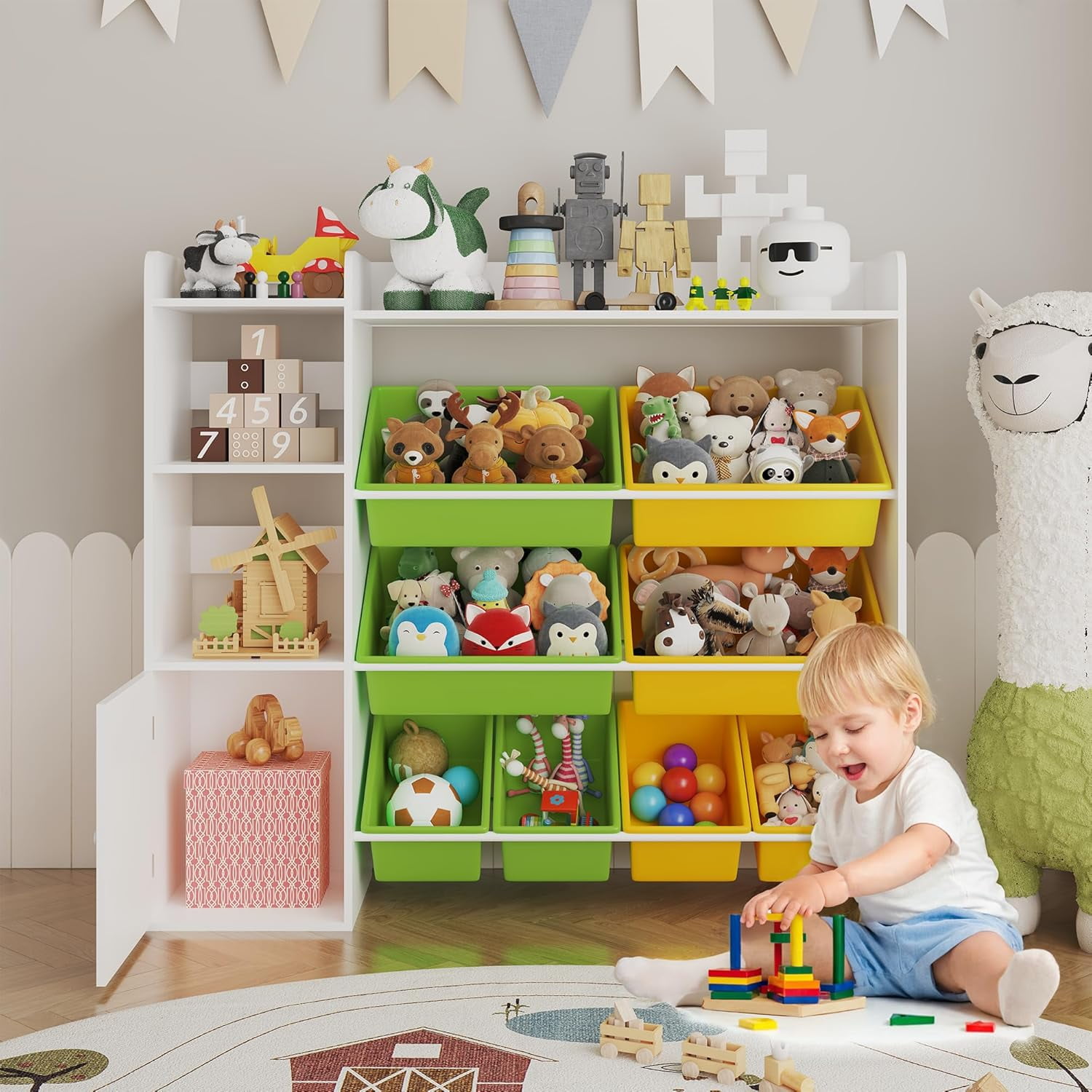OUTGOODS 43.5" Kids Toy Storage Organizer w/8 Removable Bins & Bookshelf, Engineered Wood