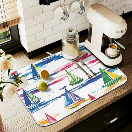 

Yayeee Drying Mat for Kitchen Counter Dishes Microfiber Coffee Decorative Pad Hand Drawn Sailboats