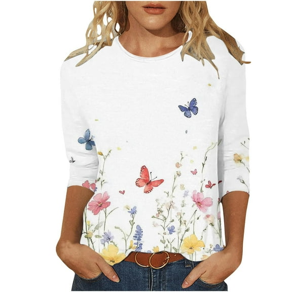 Njagoc3 Womens White T-Shirt Printed Crew Neck 3/4 Sleeve Loose Tops