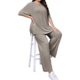thumbnail image 4 of Plus Size Women 2 Piece Solid Casual Sets Short Sleeve Tops and Wide Leg Pants Outfit, 4 of 6