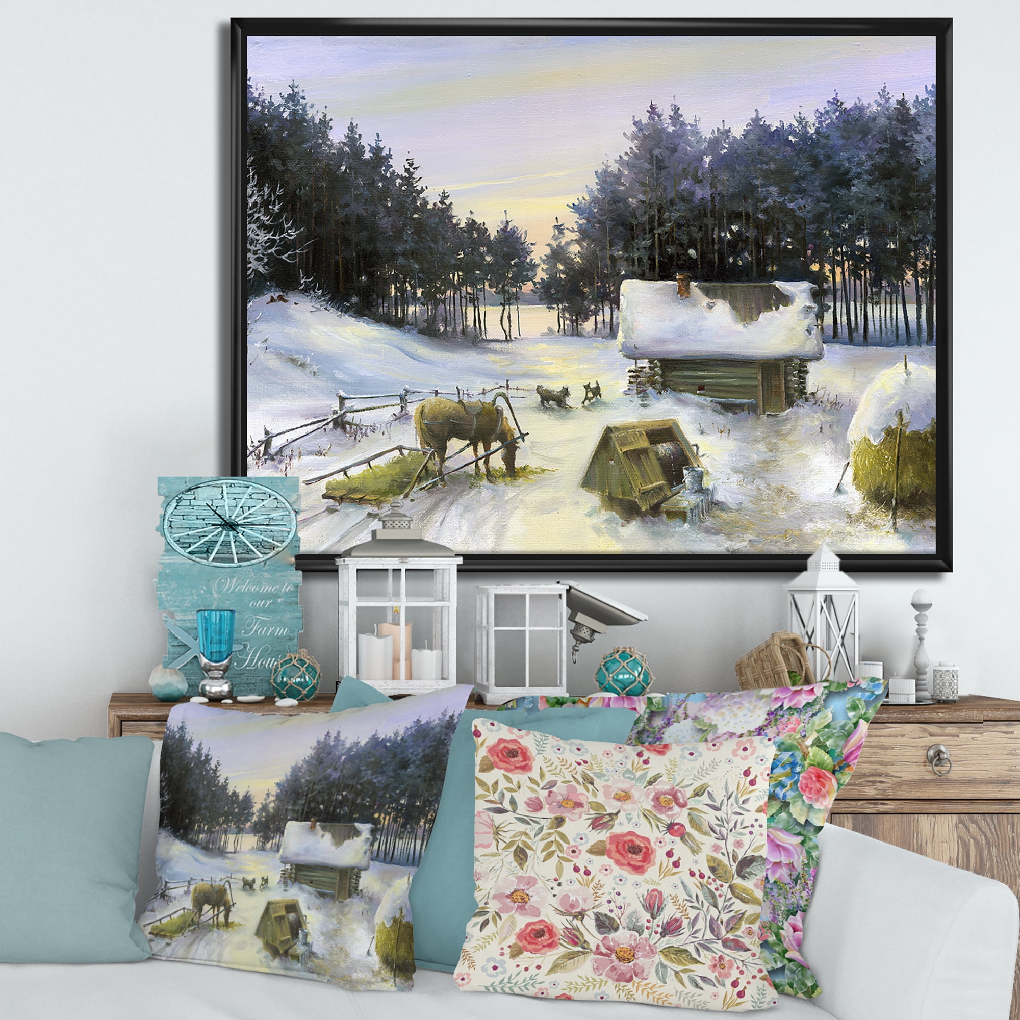 Designart 'Cottage Covered In Snow With Winterscene' Country Framed Canvas Wall Art Print