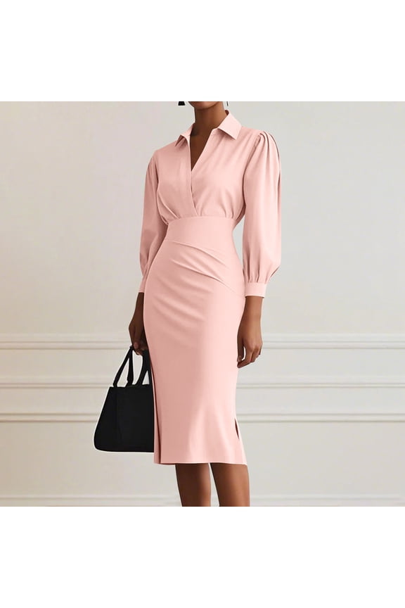 Women's Solid Dress - Slim Fit Waist-Cinching Pleated Design with Long Sleeve Turn-Down Collar, Knee-Length Hemline for Casual and Office Wear