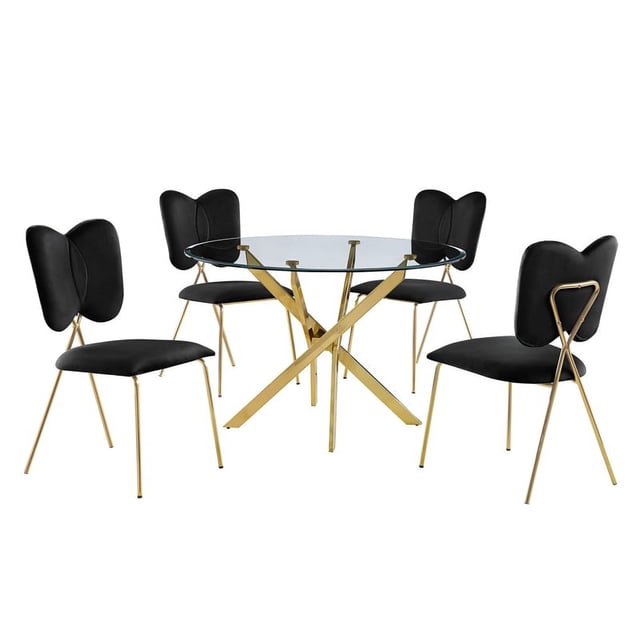 Ensemble de Dînettes en Verre Transparent Rond 45 x 45 Po avec Chaises Noires