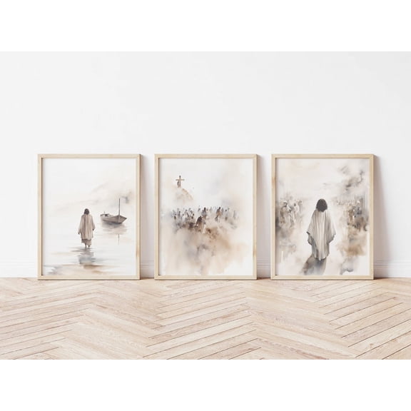 Jesus Art Jesus Walking on Water Cross Boho Wall Art Set 3 Unframed Paper Print 8x12