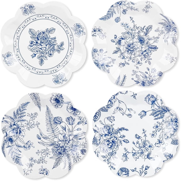 80 Pcs Blue Floral Paper Plates, Chinoiserie Scalloped Dessert Plates | Vintage Blue and White Disposable Tableware for Weddings, Bridal Showers, Tea Parties and Elegant Dessert Tables, 7 Inch