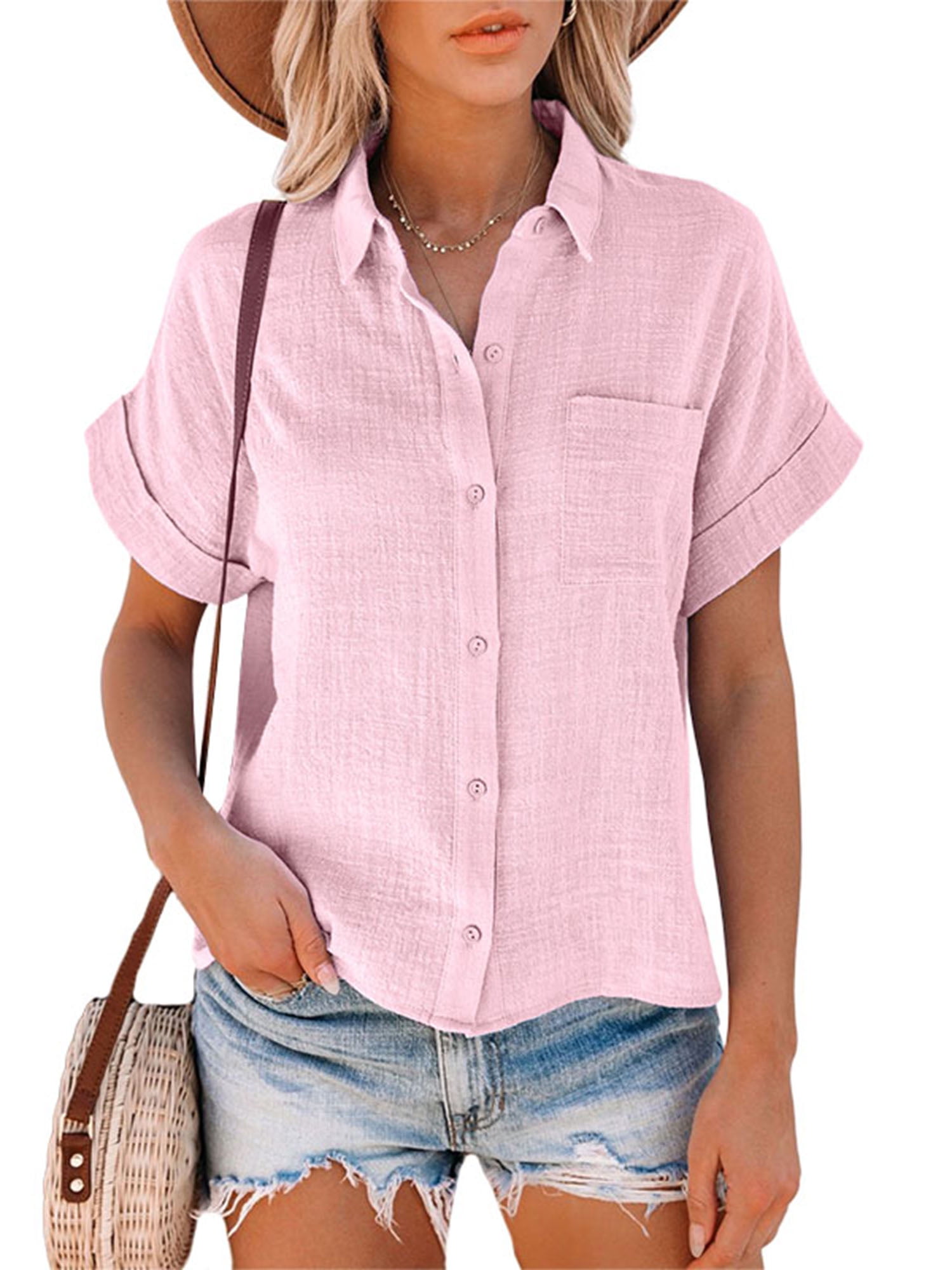 Summer Women Short Sleeve Tops Button Down Collar Blouse Tops T Shirt 