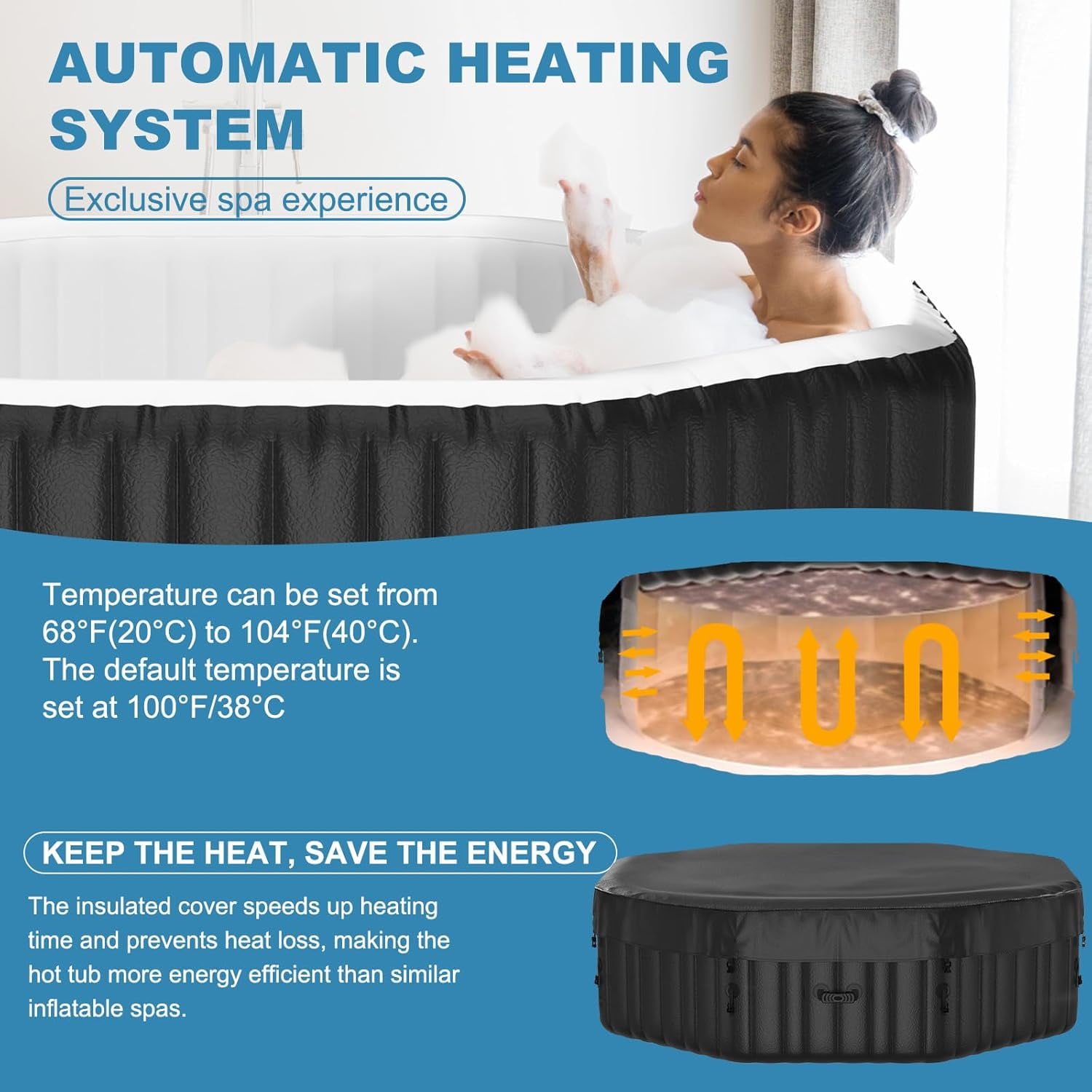 Slsy Hot Tub - 75"L X 75"W X 25"H Inflatable Hot Tub, 4-6 Person Portable Blow Up Hot Tub Square Portable Outdoor Spa with 130 Bubble Jets, Built in Heater Pump, 2 Filter