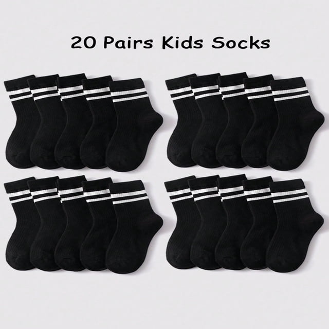 JUNWELL 20 Pairs Kids‘ Breathable And Comfortable Black Round Neck Socks With Double Bars Design Perfect For Daily Wear