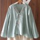 thumbnail image 5 of Tops de Manga Corta de las Mujeres Bordado Casual Cuello en V Botón de Color Sólido para Primavera Verano, Mezcla de Poliéster Estilo de Lino para el Uso Diario, 5 of 6