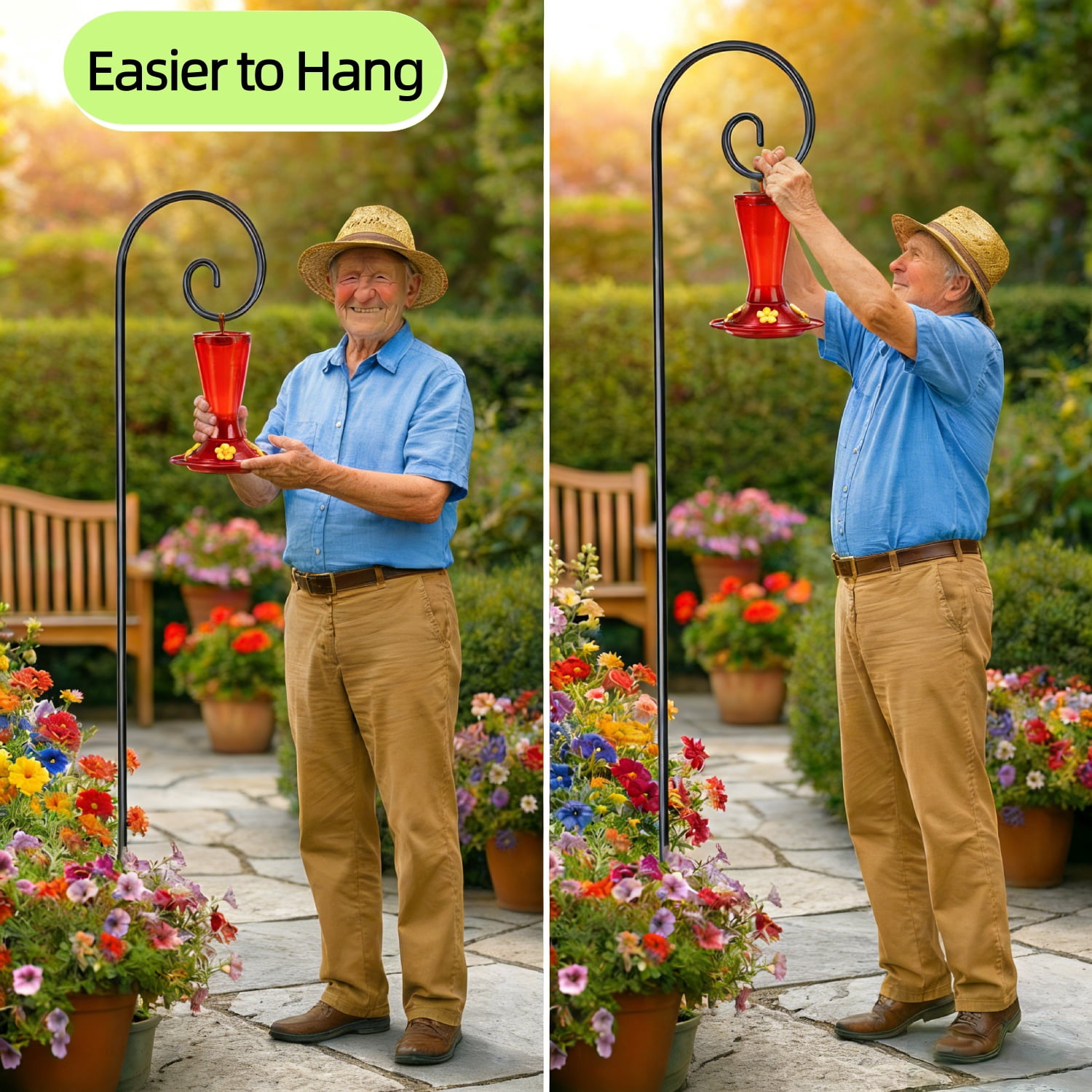 2 Pack 48 Inch Shepherds Hooks for Outdoor, Heavy Duty Bird Feeder Pole with 5 Prong Base, Adjustable Shepherds Hook for Hummingbird Feeder, Lanterns, Plants, Wedding Decor