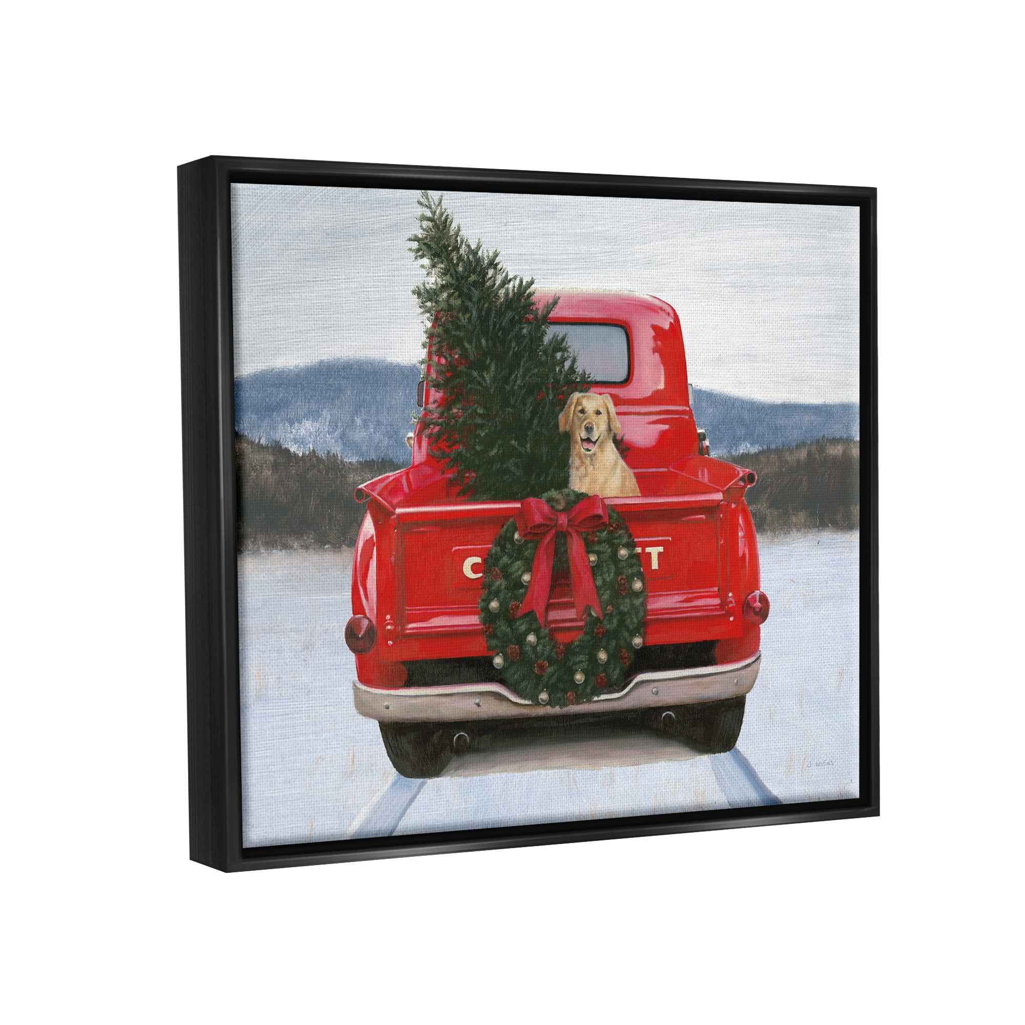 Stupell Industries Holiday Tree in Truck Holiday Painting Black Floater Framed Art Print Wall Art, 21 x 17
