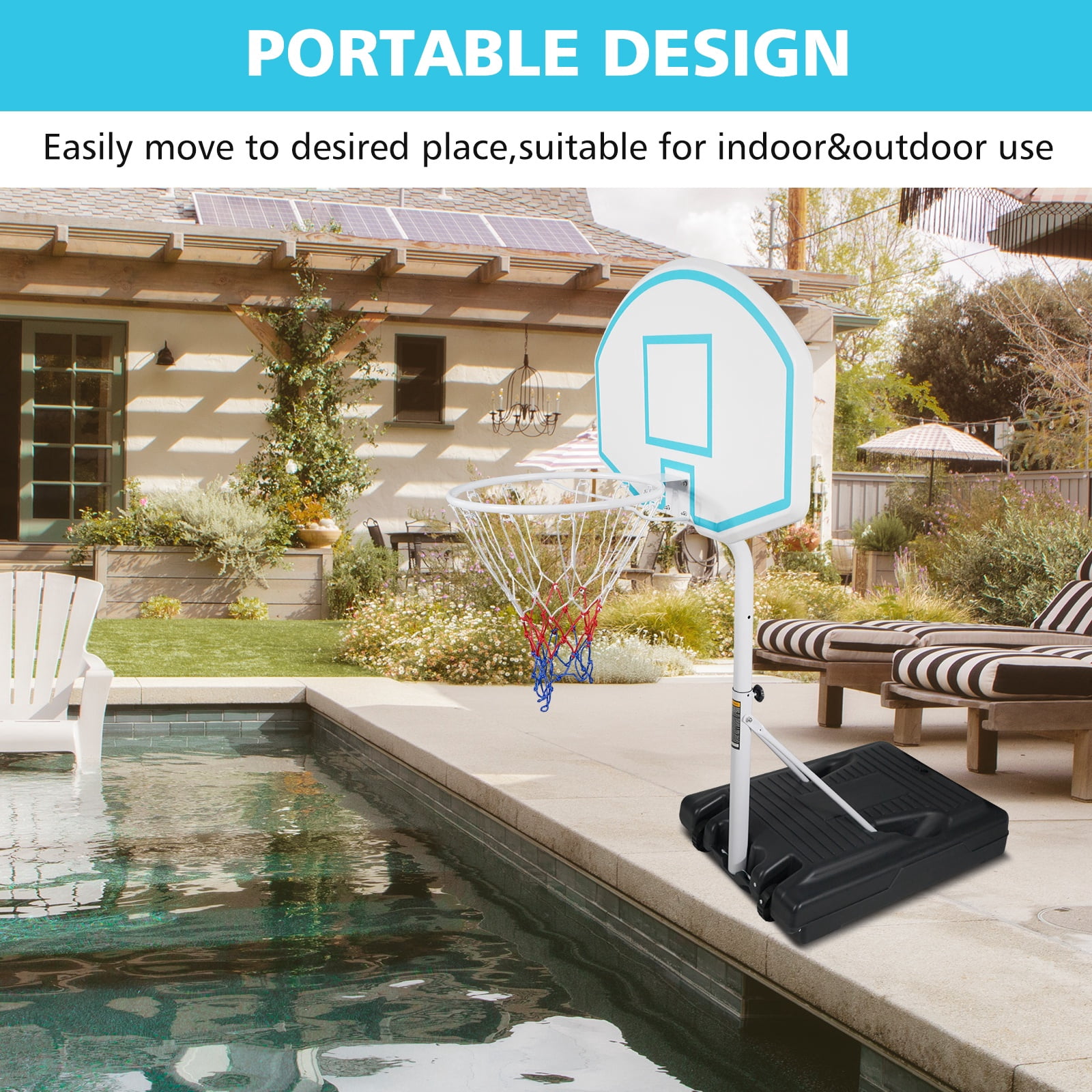 Pool Basketball Stand, Portable Basketball Goal for Pool with Wheels, Kids Junior Adults Basketball Stand Water Game, Poolside Mini Hoop Adjustable Height 2.9-3.9ft, Max 7# Ball, Black