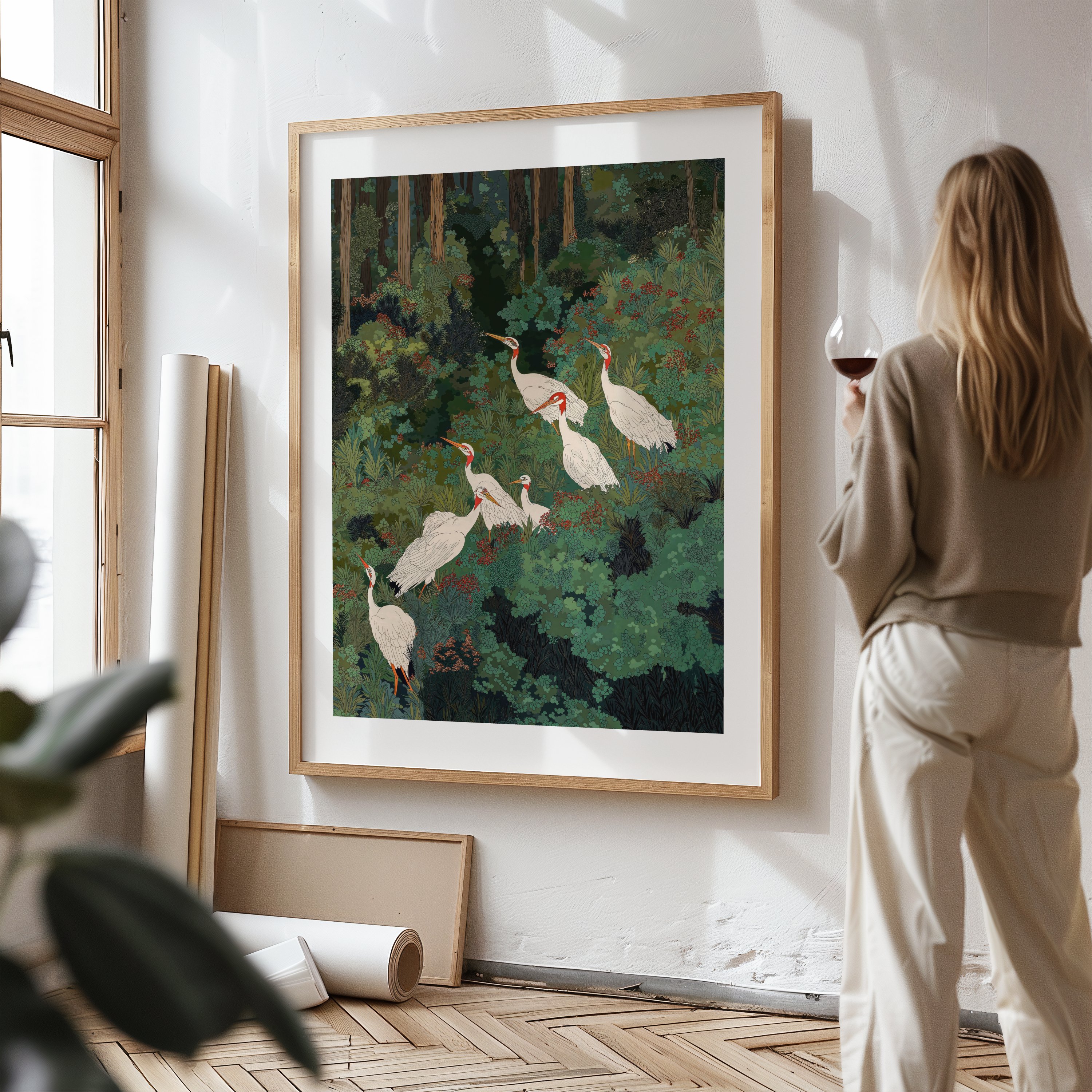 Japandi Wall Art Maximalist japanese chinoiserie Bird Wall Art wabi sabi forest Heron Painting living room poster - Japan Painting Woodland Forest Botanical Bird Unframed Wall Art Print 32 x 48 inches