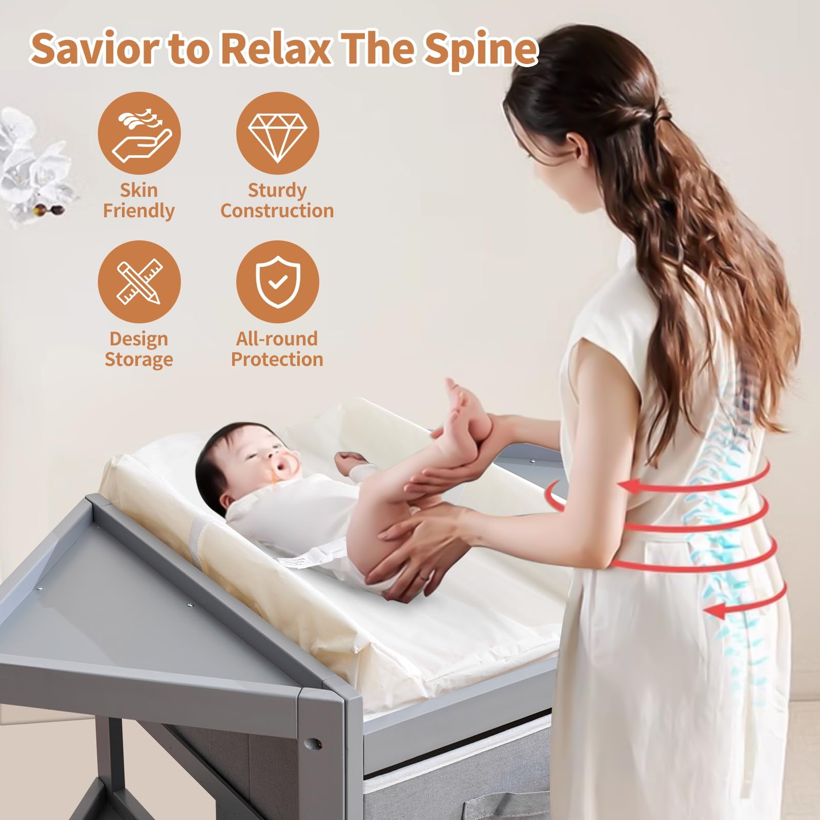 Garvee Corner Diaper Changing Table, Baby Diaper Changing Station with Storage Drawer and Laundry Hamper, Multi-Functional Changing Table Organizer with Pad for Newborn Infant, Gray