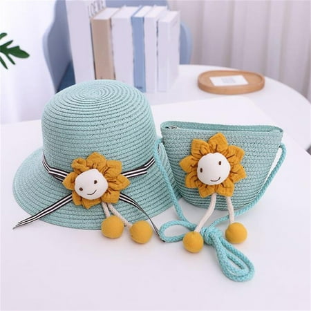 

nsendm + Straw Sunshade Girls Hat Bag Sun Cartoon Children Kids Hat Straw Beach Kids Hat Air Hat Boys Hat Mint Green One Size