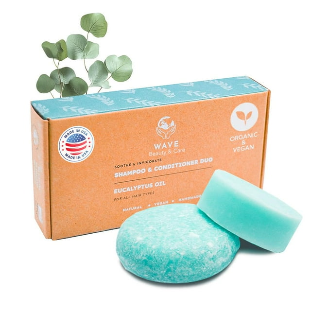 Set de champú y acondicionador en barra con aceite de eucalipto Wave - Champú y acondicionador en barra veganos, hidratantes, naturales y orgánicos para mujeres y hombres - Larga duración (80-120 usos