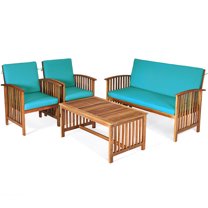 Topbuy 4PCS Patio Acacia Wood Sofa Set Conversation Couch Coffee Table with Cushions Blue