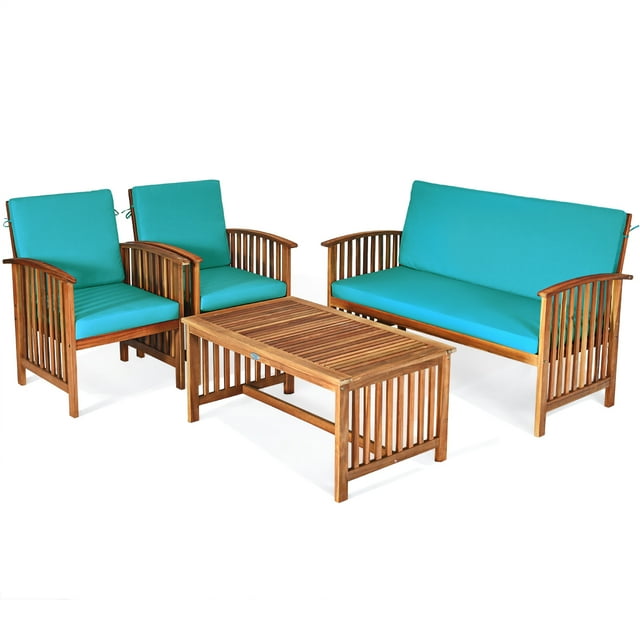 Patiojoy 4PCS Patio Acacia Wood Sofa Set Conversation Couch Coffee Table with Cushions Blue