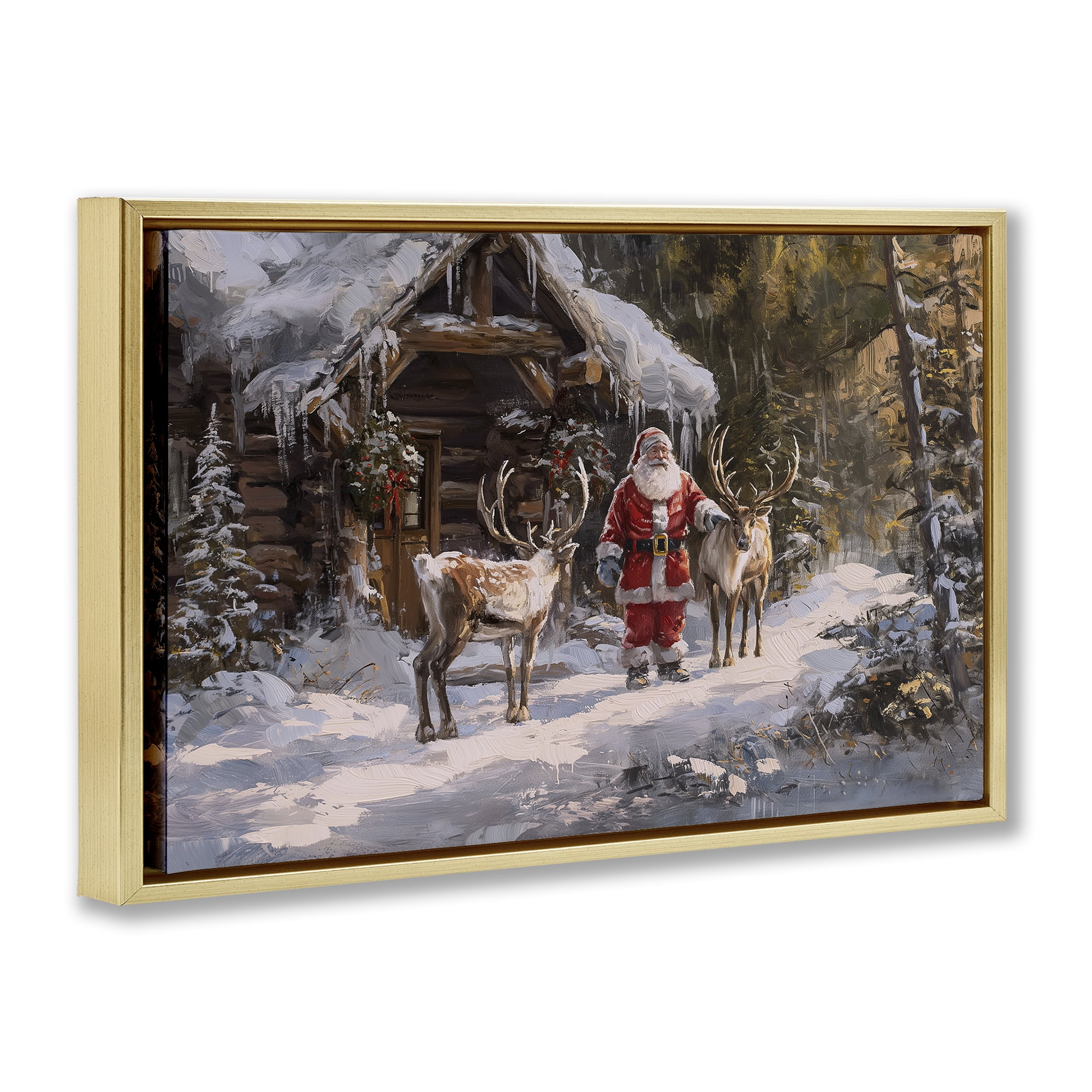 Stupell Industries Traditional Santa by Cabin Holiday Painting Gold Floater Framed Canvas Art Prints Wall Art, 25 x 17