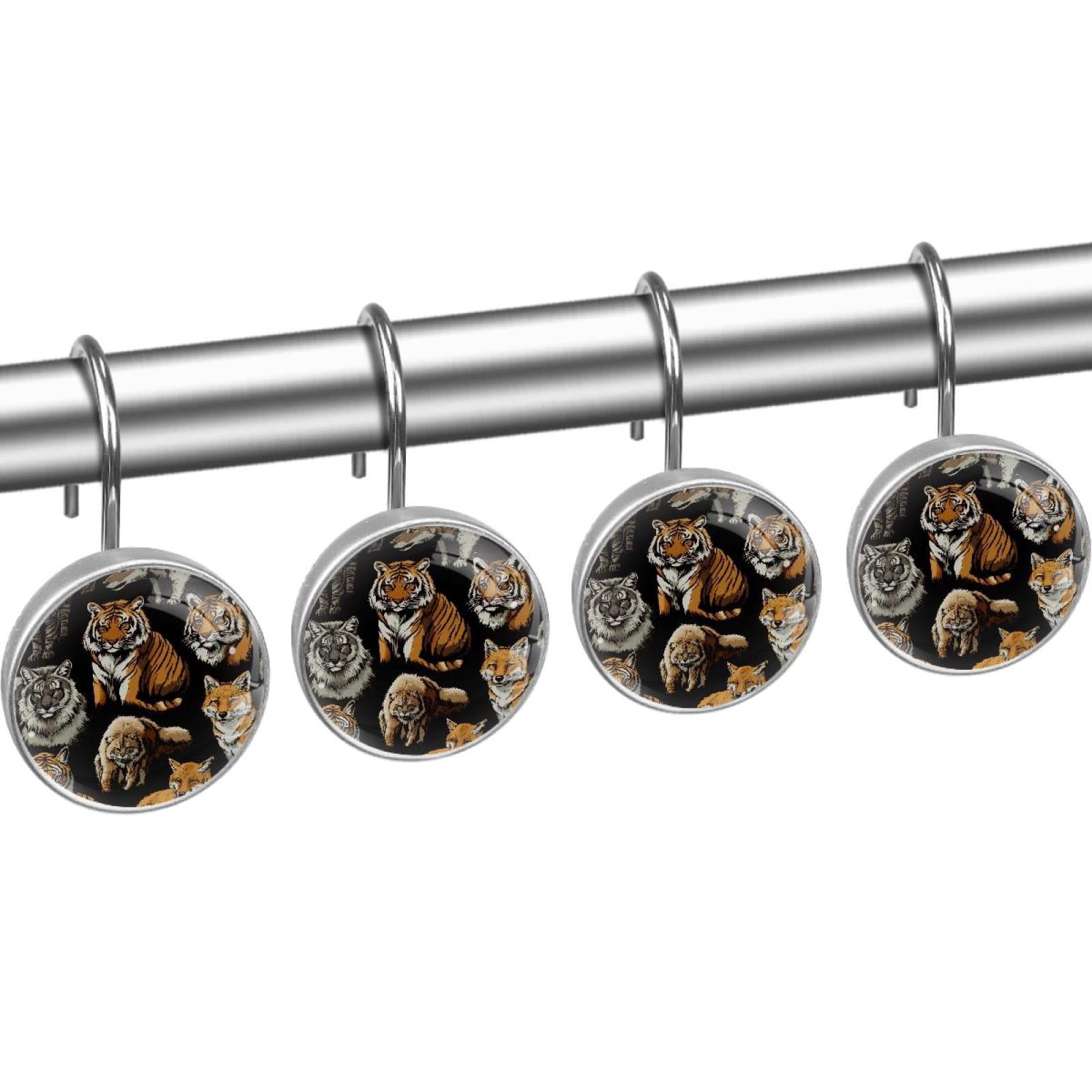 Wild Tigers Foxes Shower Curtain Hooks Round Crystal Glass, Set of 12 Shower Curtain Rings - Shower Hooks for Curtain Shower Rings