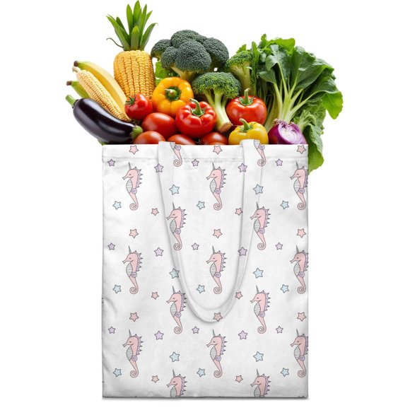 Sac Fourre-Tout en Toile Hippocampe Mignon avec Design de Plantes Marines et Vagues, Sac de Courses Réutilisable Durable et Écologique, Sac à Main Pliable Léger pour Usage Quotidien et Trajets