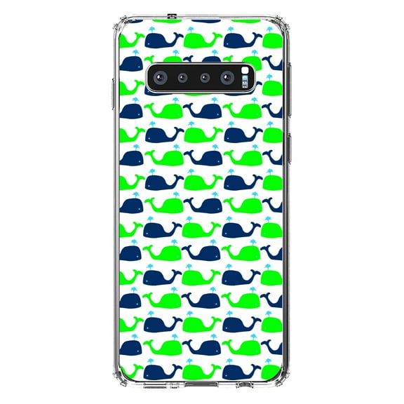 DistinctInk Clear Shockproof Hybrid Case for Samsung Galaxy S10  PLUS(6.4" Screen) - TPU Bumper, Acrylic Back, Tempered Glass Screen Protector - Green Navy Cartoon Whales - Cartoon Whales