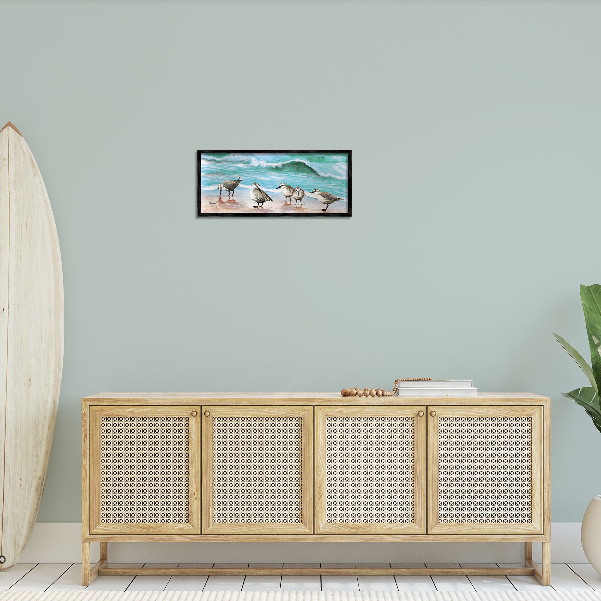 Stupell Industries Sandpipers Along Beach Shore Animals & Insects Painting Black Framed Art Print Wall Art, 24 x 10