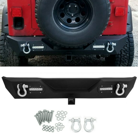 Kojem Rear Bumper for  1987-2006 Jeep Wrangler TJ YJ Unlimited Off-road Style Black Texture W/ LED Lights ＆ 2" Hitch Receiver ＆ D-rings