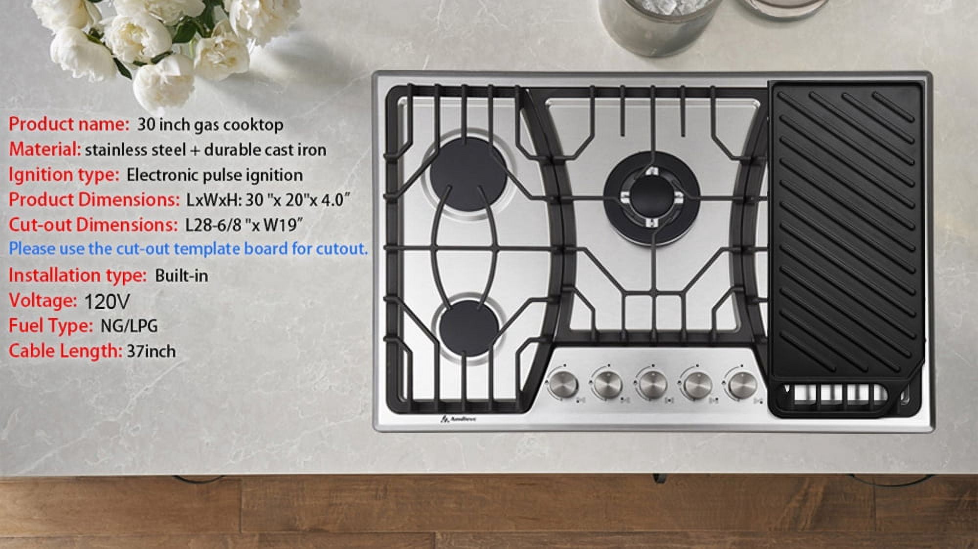 30 inch Gas Cooktop Griddle Grill, NG/LPG Dual Fuel Gas Stove top with Thermocouple Protection, Stainless Steel Gas Stove Top for Kitchen RV