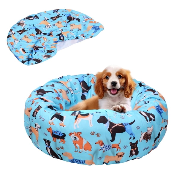 Round dog bed cover replacement, elastic edged washable pet bed protector, cute dog pattern design for small medium beds, durable fabric, blue