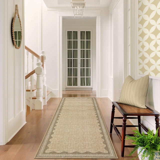 Garvee 2x6ft Modern Bordered Runner Rugs Washable Rug, Solid Rug Ultra Soft Rugs with Non Slip Backing, Low Pile Throw Rugs Carpet for Hallway Entryway Laundry Room Bedroom, Linen