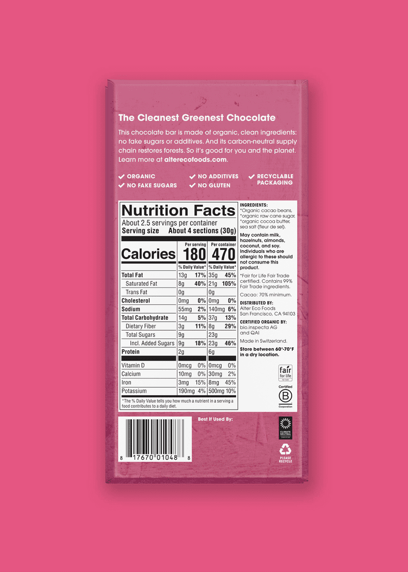 Pack of 12, Alter Eco Sea Salt Organic Dark Chocolate, 2.82 oz