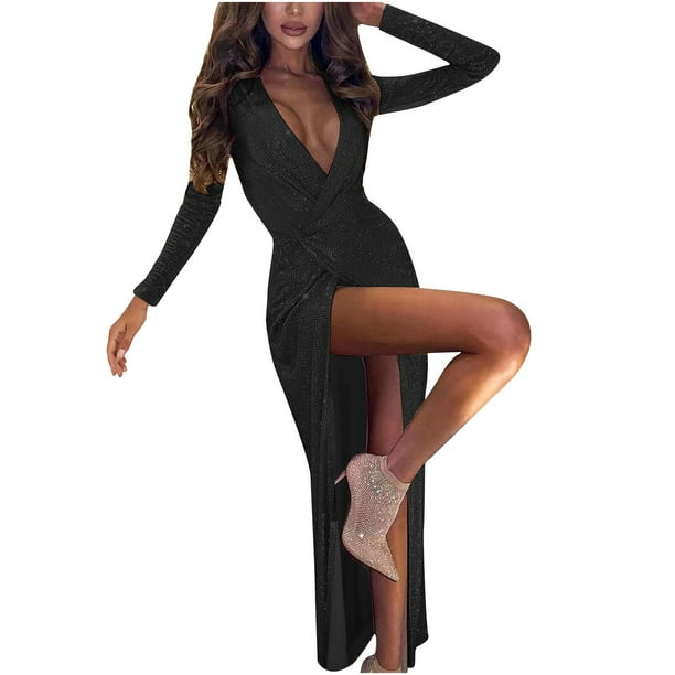 Womens Dresses Clearance Plus Size Women Stylish Deep V-Neck Self  Cultivation Long Sleeve Bag Hip Slim Elegant Ladies Party Sequins Dress  Black XL JE