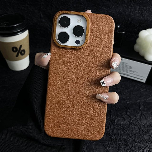 Matte Titanium gray Lichee leather pattern phone case for iPhone 16 15 14 13 12 11 Pro Max metal lens frame shockproof hard case Brown For iPhone 16 Pro