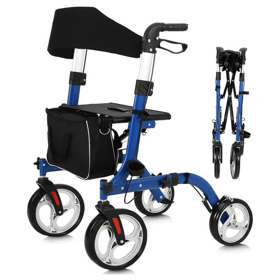 Pinypikaka Walker for Seniors, Rollator Walker with Seat, 12" Rubber Wheels All Terrain Rollator Walker, Aluminum Walkers with Backrest, Outdoor Rolling Walker Foldable Adjustable Height for Seniors