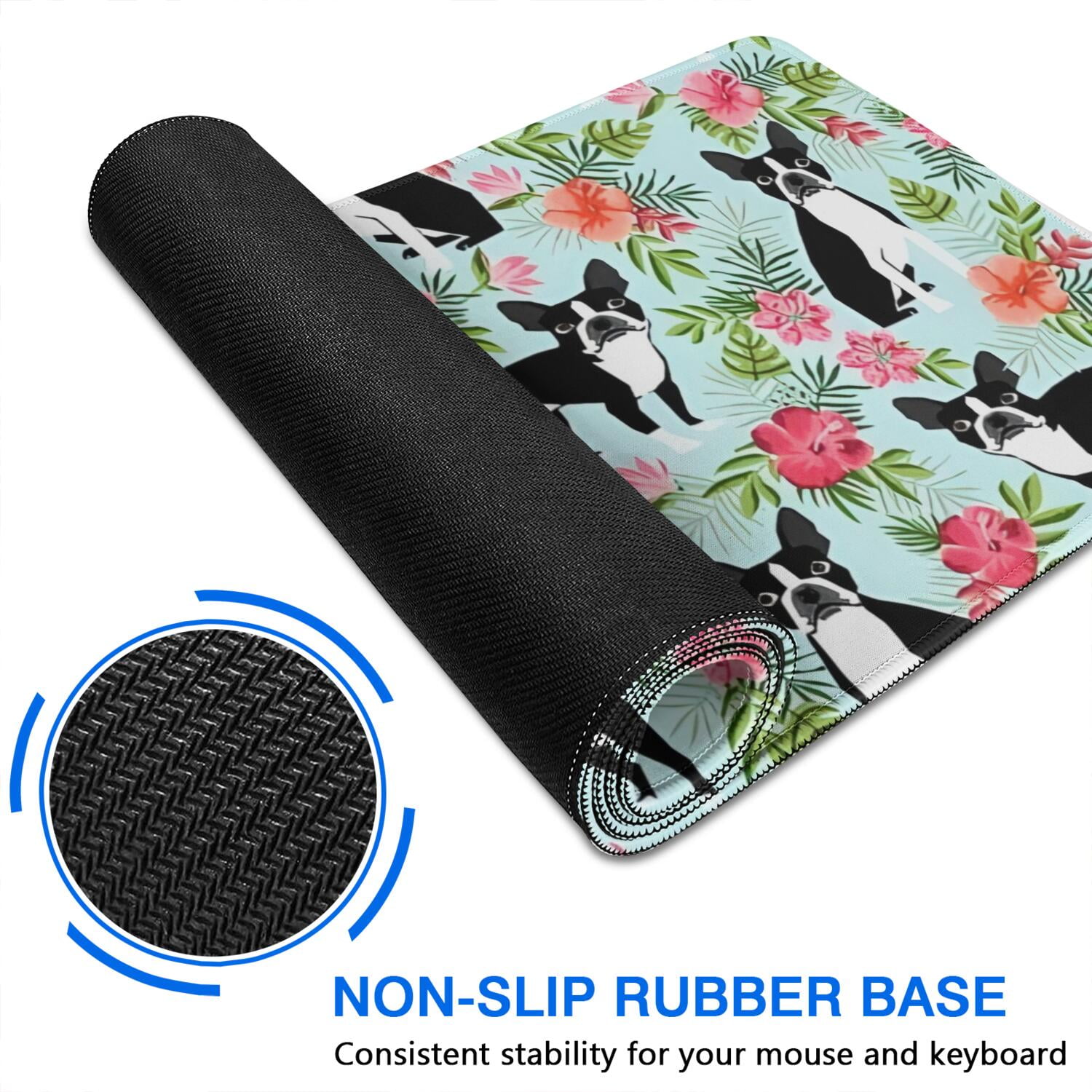 Long Mouse Pads for Desk,Boston Terriers and Pioneer Flower Desk Mats on Top Of Desks, Desk Mouse Pad Extra Large with 3mm Non-Slip Base and Stitched Edge for Gaming,Office,Work,Home 35.4"x15.7"
