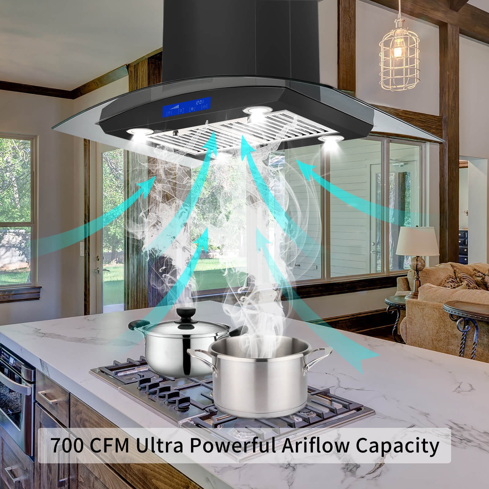 Range Hood 30-inch Island Mount Vent Hood 900 CFM Kitchen Stainless Steel 3-Speed Touch Control