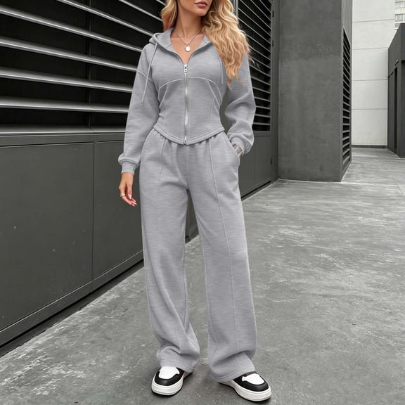 BRGZLK Women Sweatsuit Set 2 Piece Outfit Fall Winter Casual Long Sleeve Zip Up Slim Fit Hoodies Sweatshirt and Wide Leg Sweatpants Lounge Set for Daily Workout Outgoing Gray L