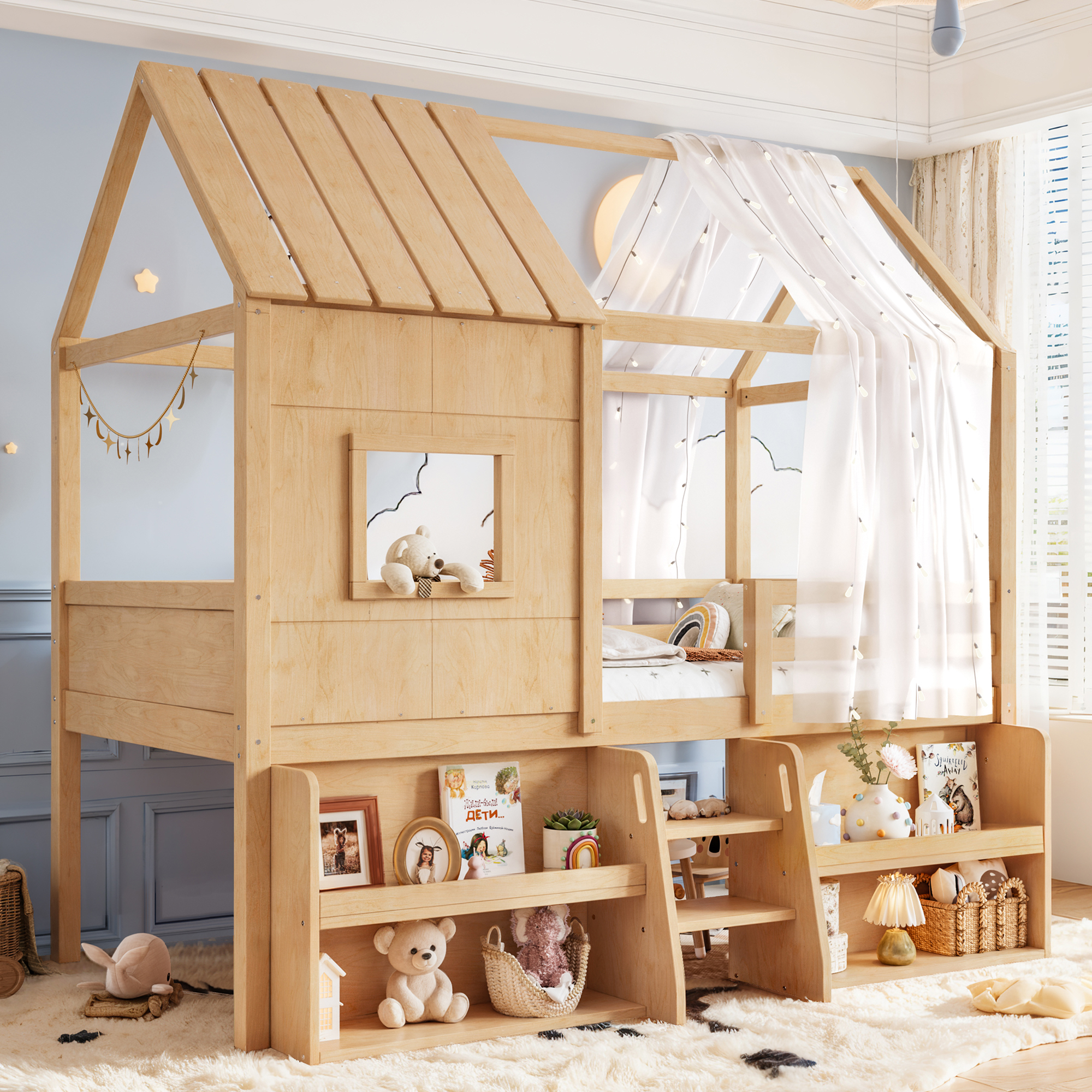 Leumius Twin Size Loft Bed with Storage Shelves and Stairs, House Loft Bed with Playhouse Shape Roof and Window, Childlike and No Box Spring Needed Design, Natural