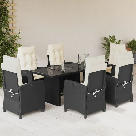 vidaXL 7 Piece Patio Dining Set with Cushions Black Poly Rattan